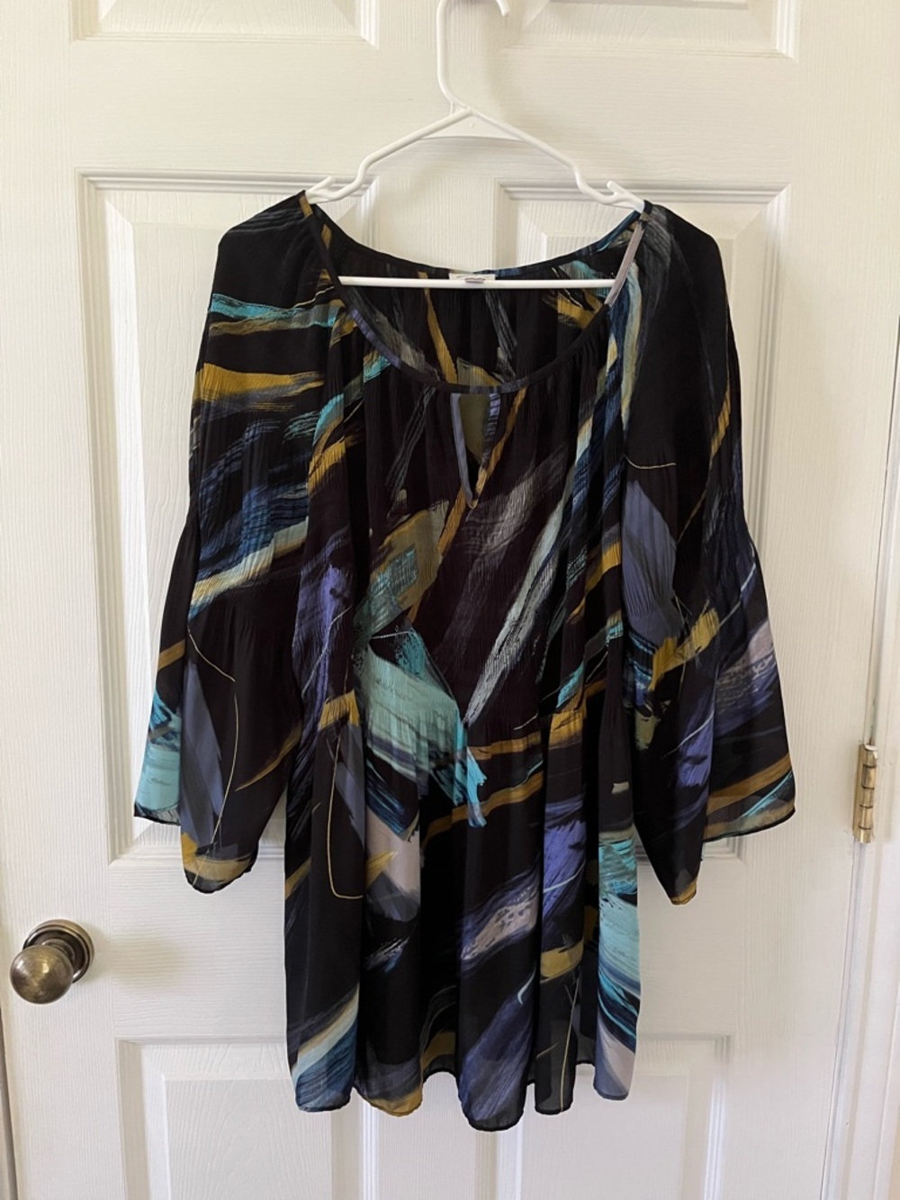 Avenue Womens Black Abstract Print Blouse - Teal & Gold Accents